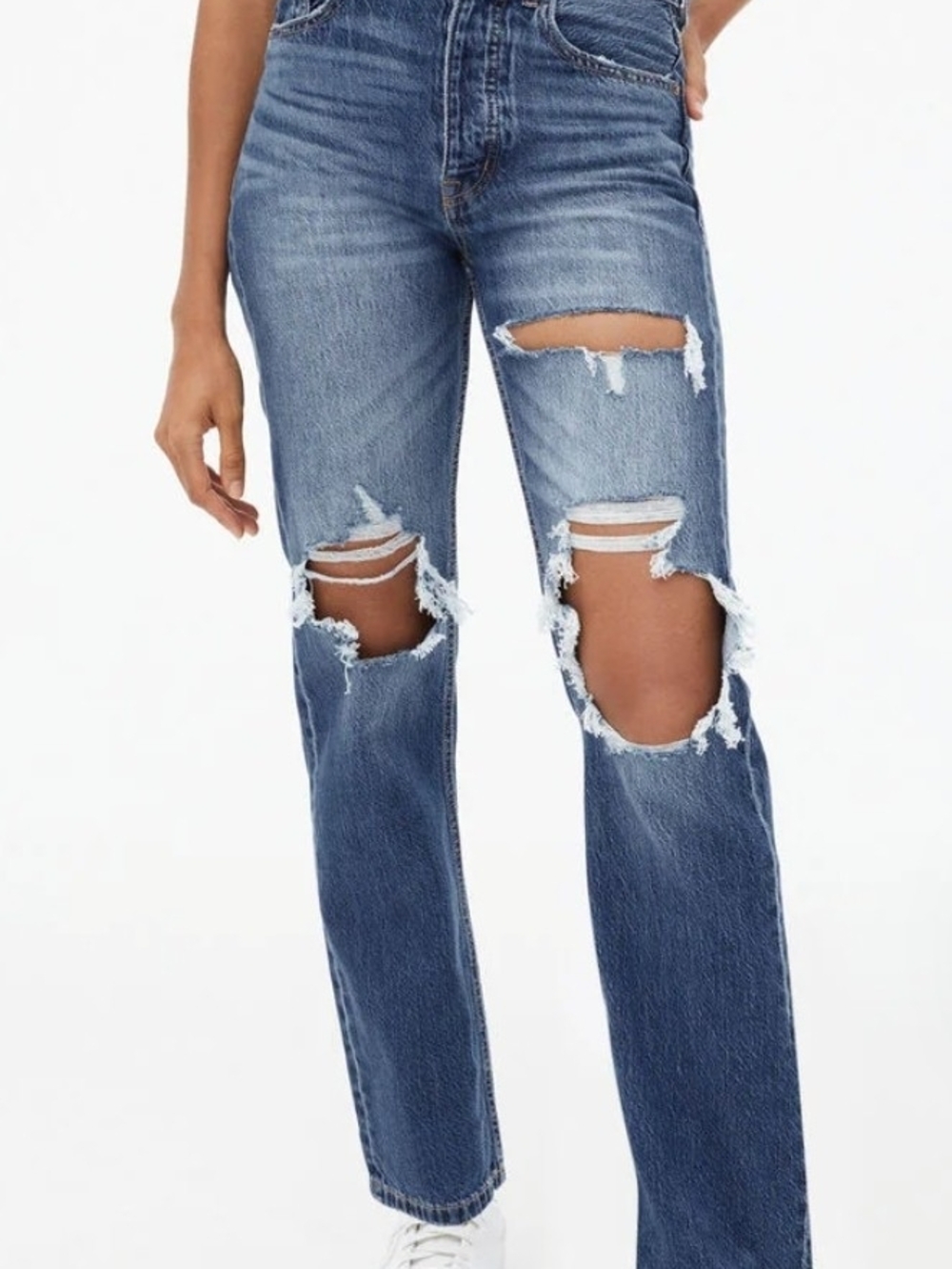 Aeropostale Women's High-Rise Distressed Straight-Leg Jeans in Medium Blue 4 Reg